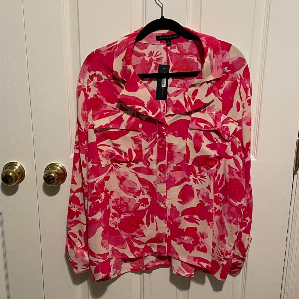 Adrienne Vittadini Pink and Cream Floral Blouse